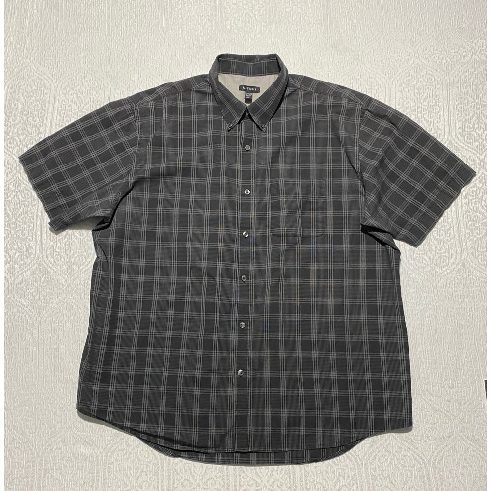 Van Heusen Mens XL Charcoal Gray Plaid Short Sleeve Button Down Shirt VHCL1106TL